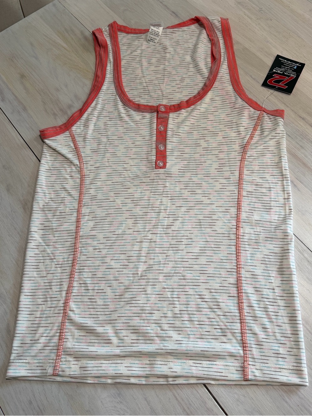 Striped Henley Tank with Coral Trim